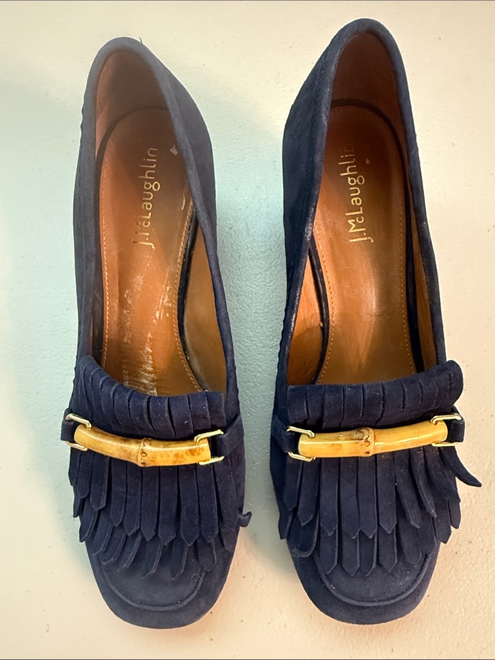 J. McLaughlin Navy Suede Fringed Loafers with Gold Accent Bar